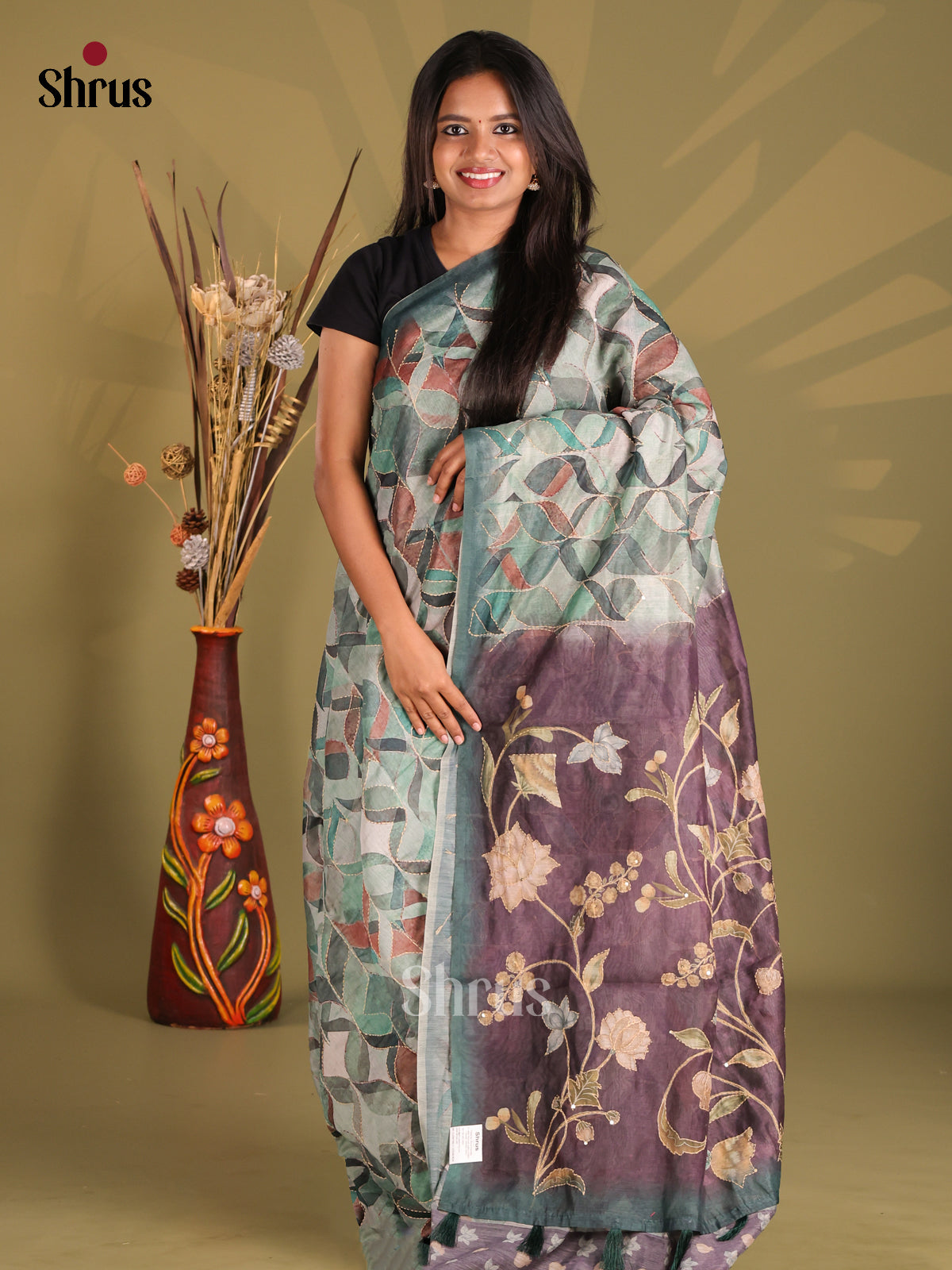 Green & Brown- Semi Kantha Saree - Shop on Shrus.com