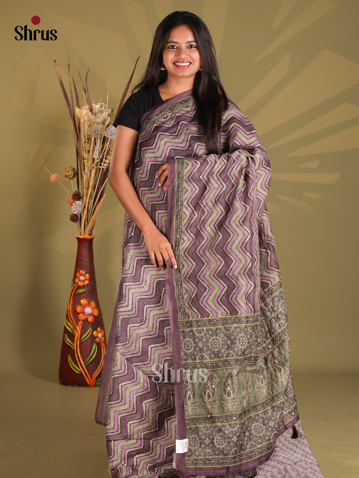 Purple & Green - Semi Kantha Saree - Shop on Shrus.com