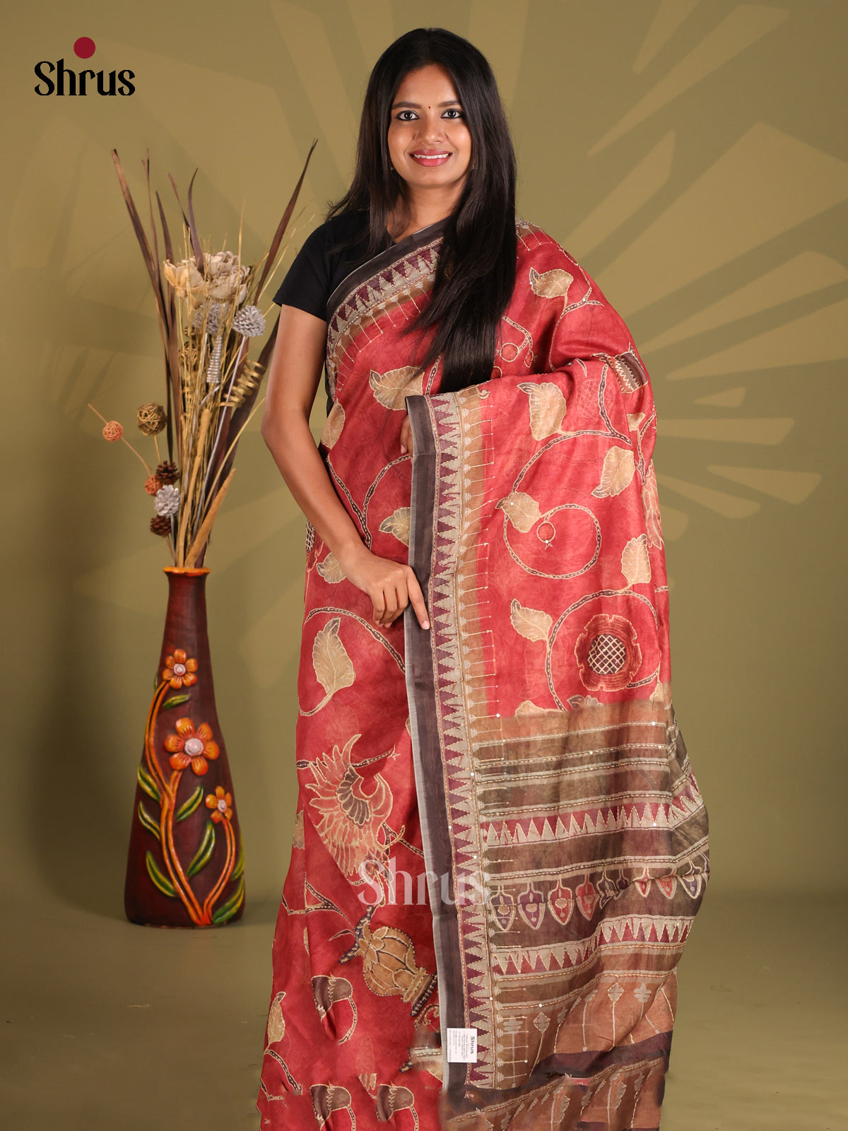 Red & Brown - Semi Kantha Saree - Shop on Shrus.com
