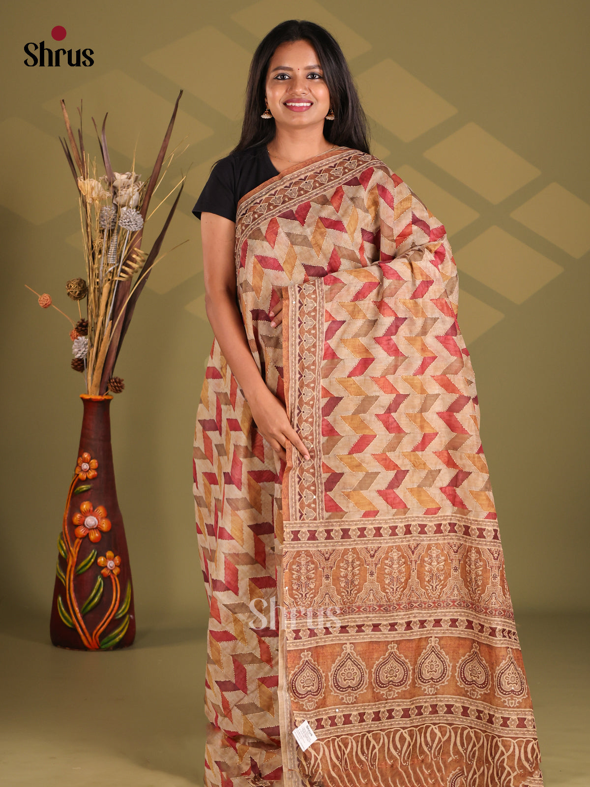 Dark Mustard- Semi Kantha Saree - Shop on Shrus.com