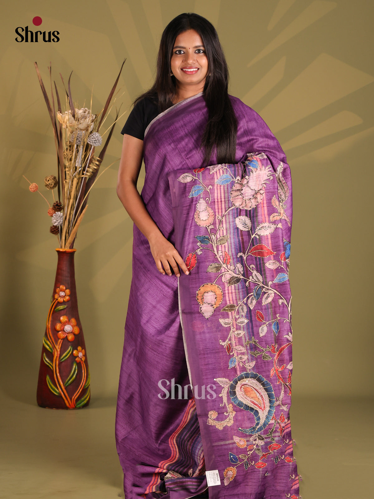 Purple- Semi Kantha Saree - Shop on Shrus.com