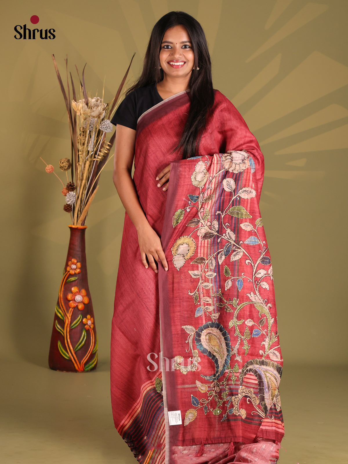 Maroon - Semi Kantha Saree - Shop on Shrus.com