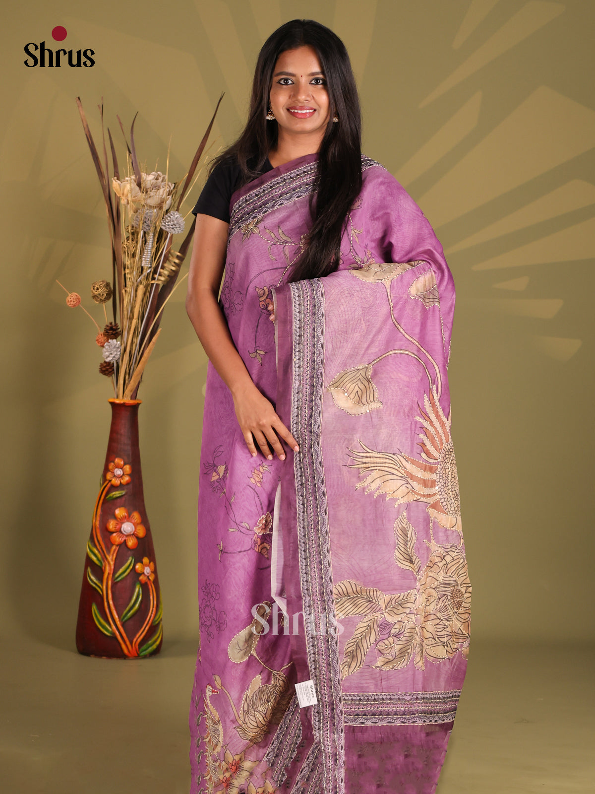 Purple - Semi Kantha Saree - Shop on Shrus.com