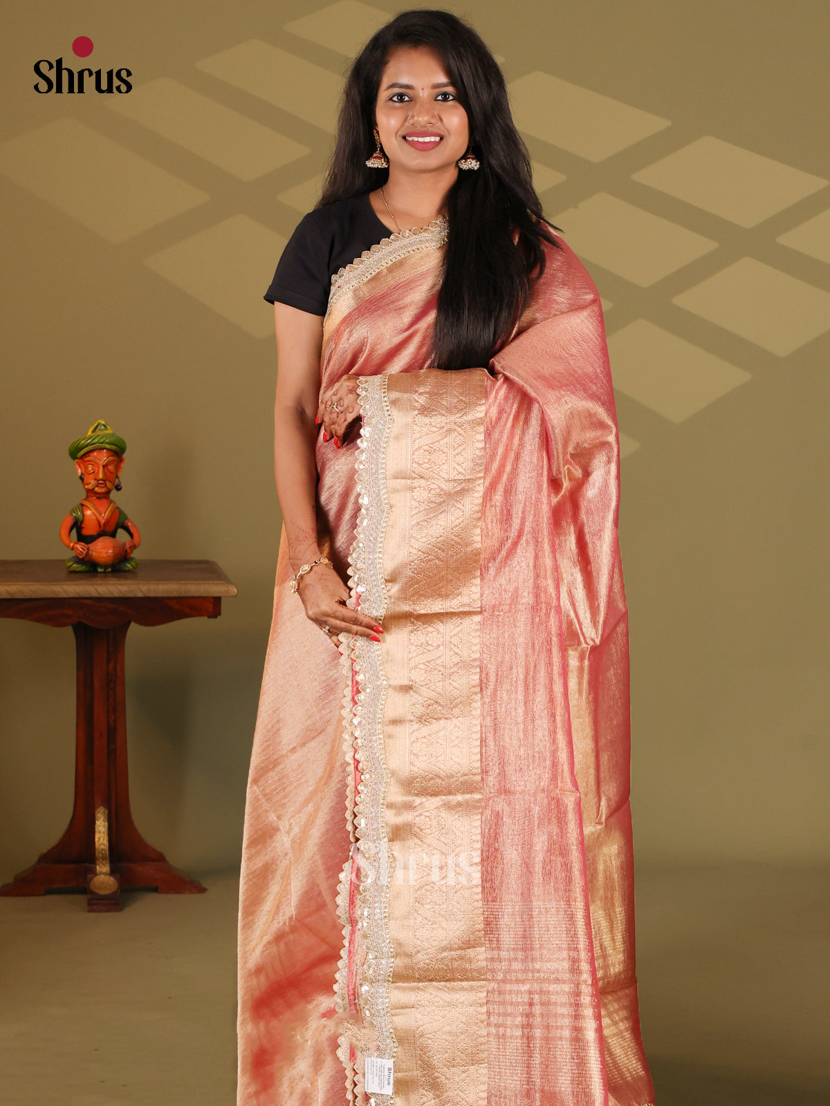 Pink- Semi Tissue Saree - Shop on Shrus.com