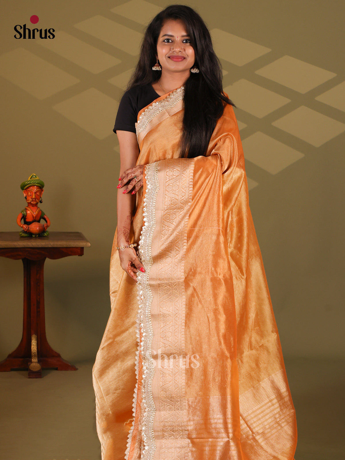 Orange - Semi Tissue Saree - Shop on Shrus.com