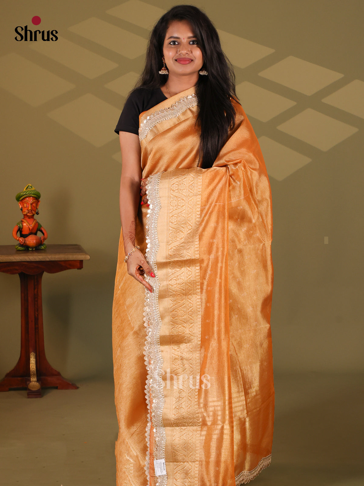Orange - Semi Tissue Saree