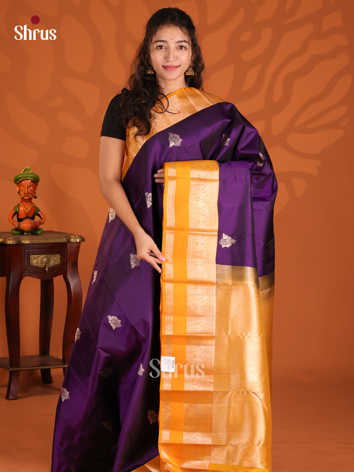 Violet and Mustard Kanchipuram silk Saree gleams with zari woven floral buttas - Shop on Shrus.com