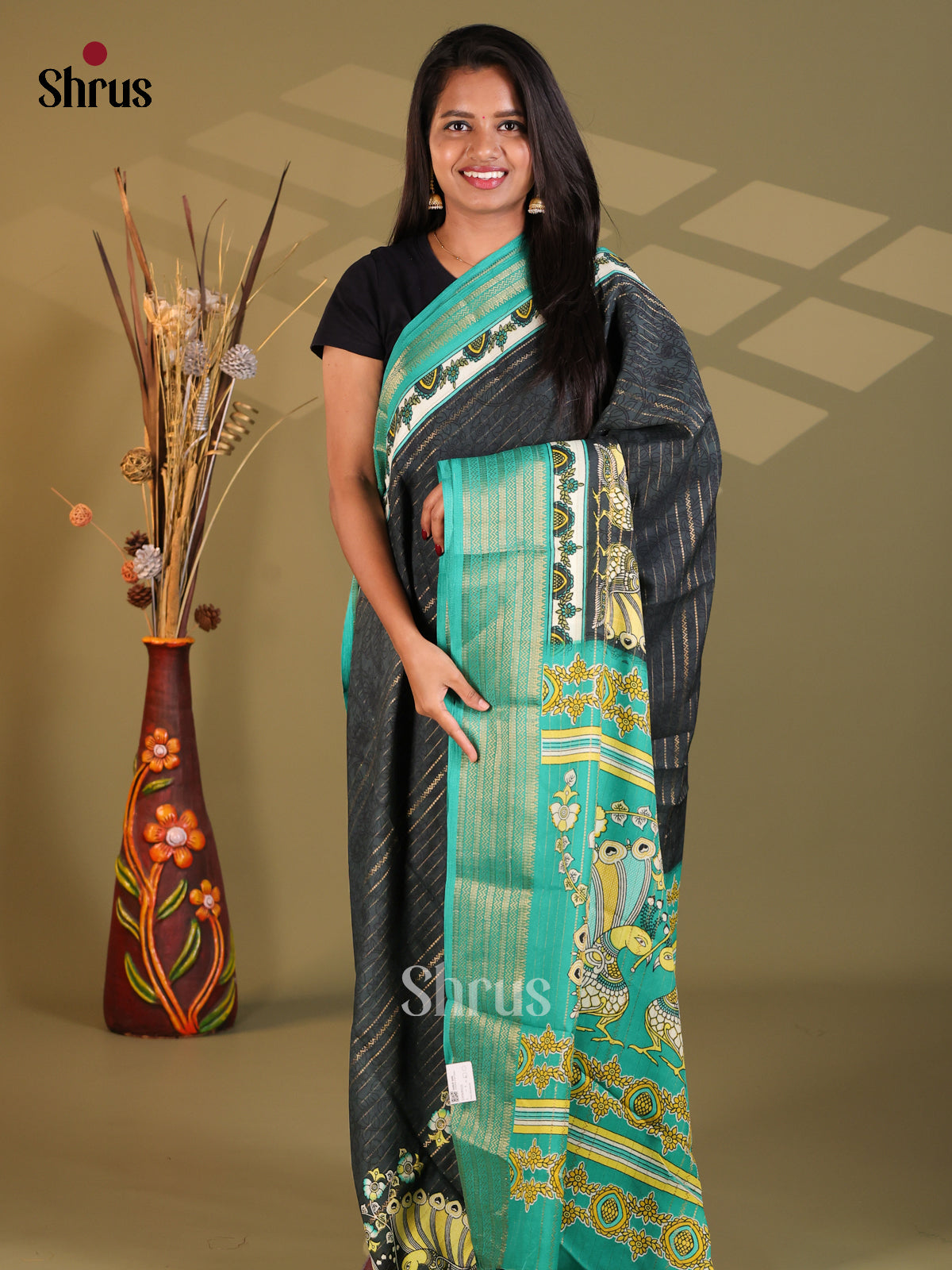 Black & Green- Semi Mysoresilk Saree