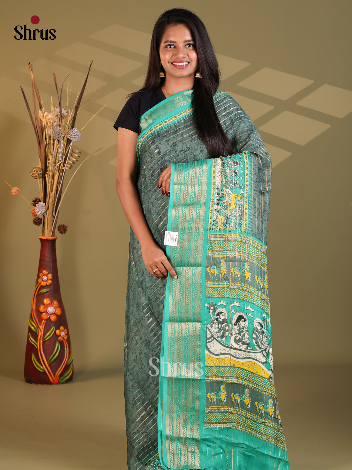 Grey & Teal- Semi Mysoresilk Saree - Shop on Shrus.com