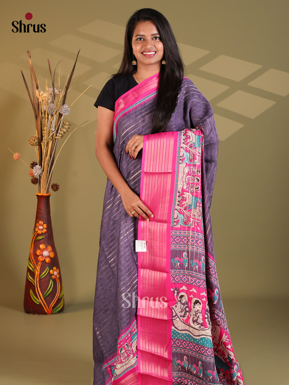 Purple & Pink - Semi Mysoresilk Saree - Shop on Shrus.com