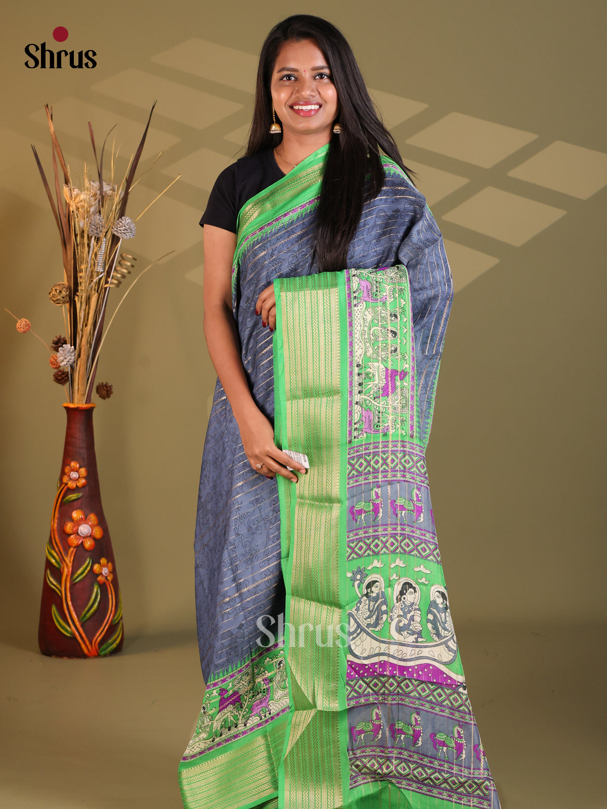 Blue & Green - Semi Mysoresilk Saree
