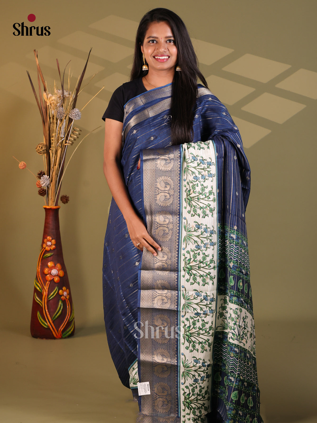 Blue & Cream - Semi Mysoresilk Saree