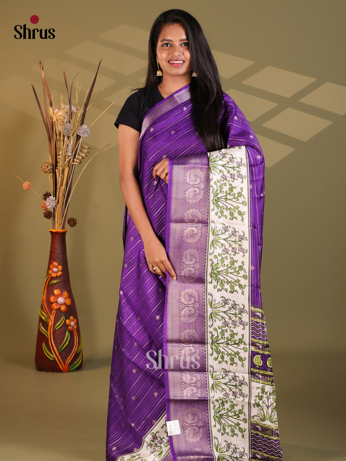Violet & Cream - Semi Mysoresilk Saree - Shop on Shrus.com