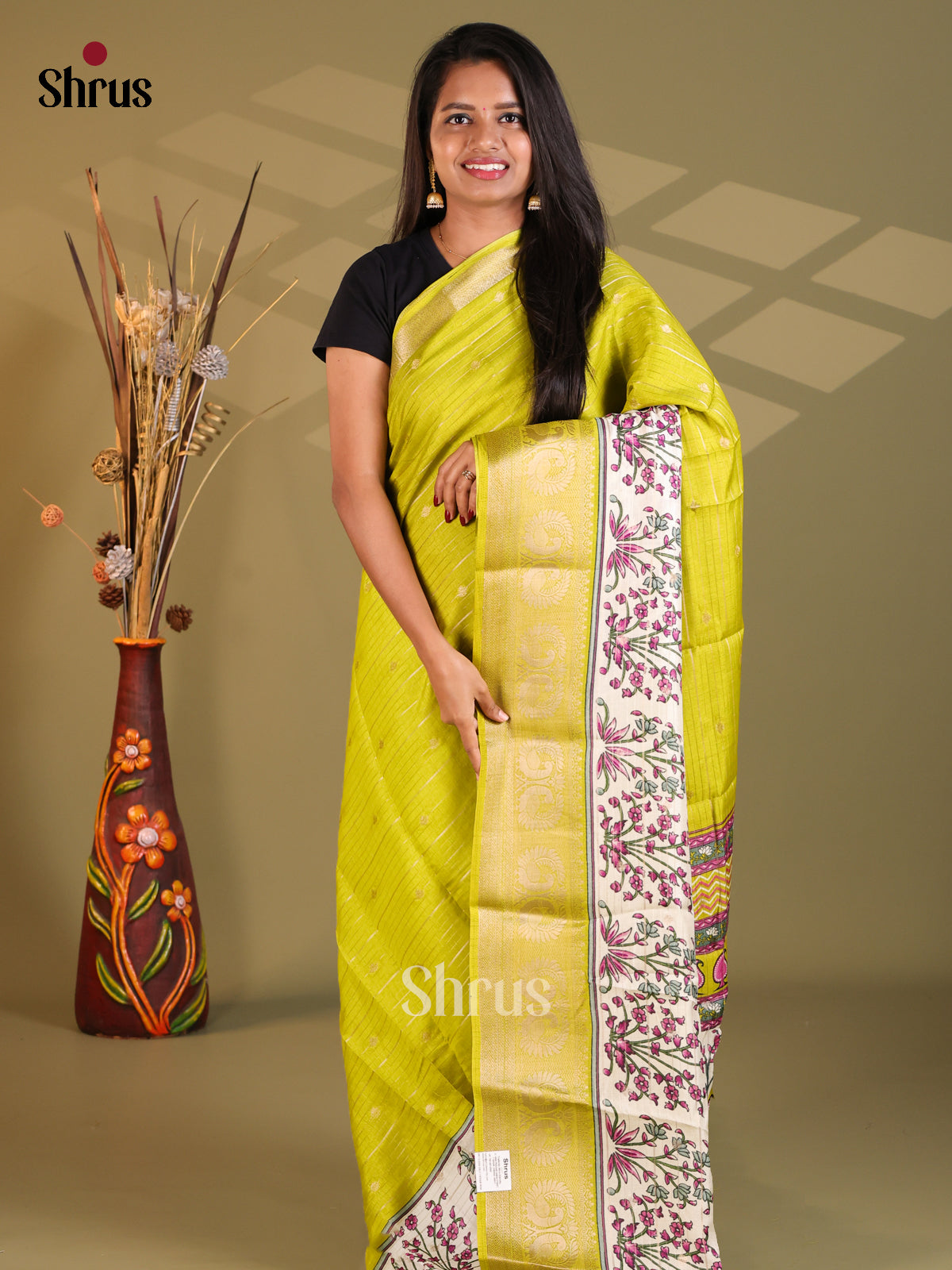 Fluorescent Green & Cream - Semi Mysoresilk Saree - Shop on Shrus.com