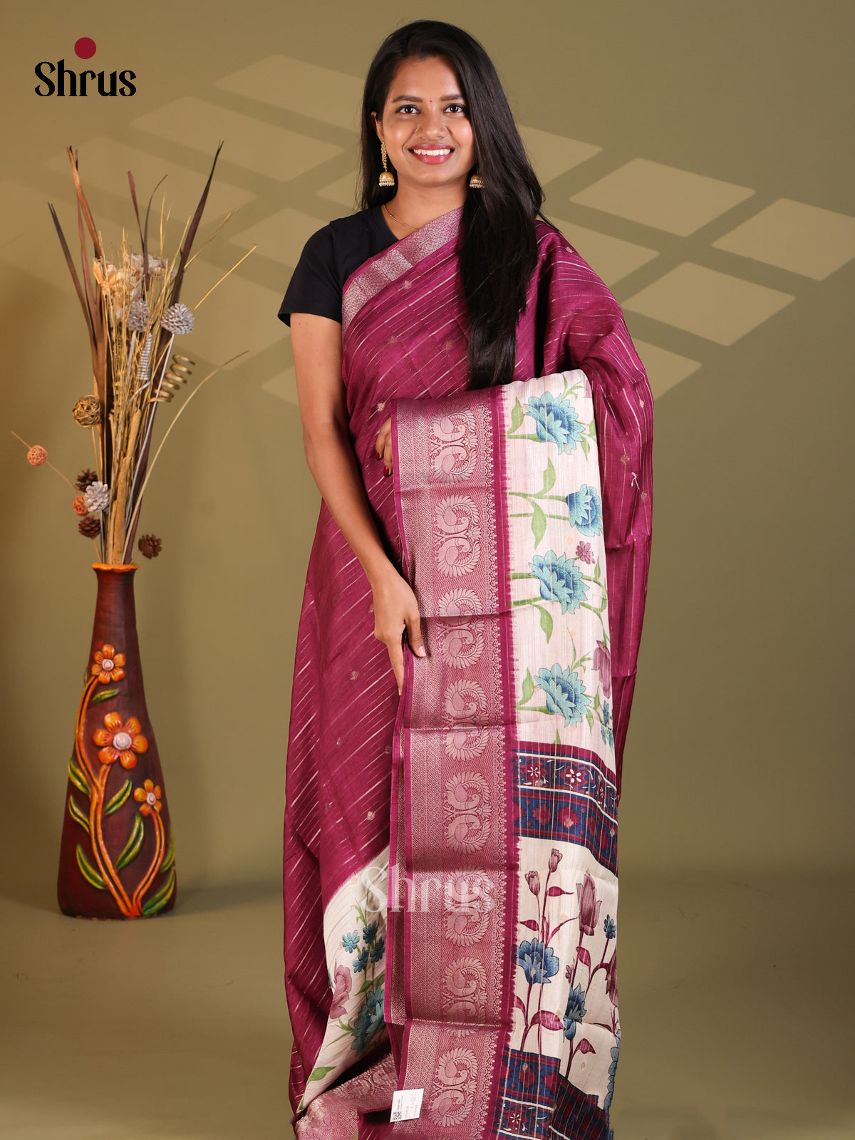 Maroon & Cream - Semi Mysoresilk Saree - Shop on Shrus.com