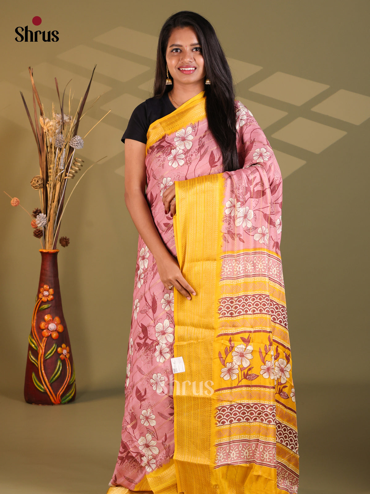 Pink & Yellow- Semi Mysoresilk Saree - Shop on Shrus.com