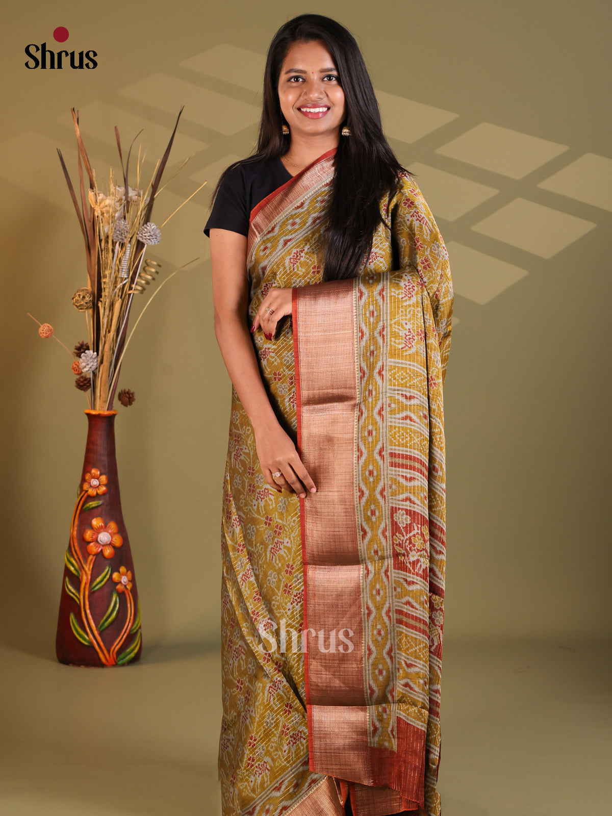 Mehandi Green & Brown - Semi Mysoresilk Saree - Shop on Shrus.com