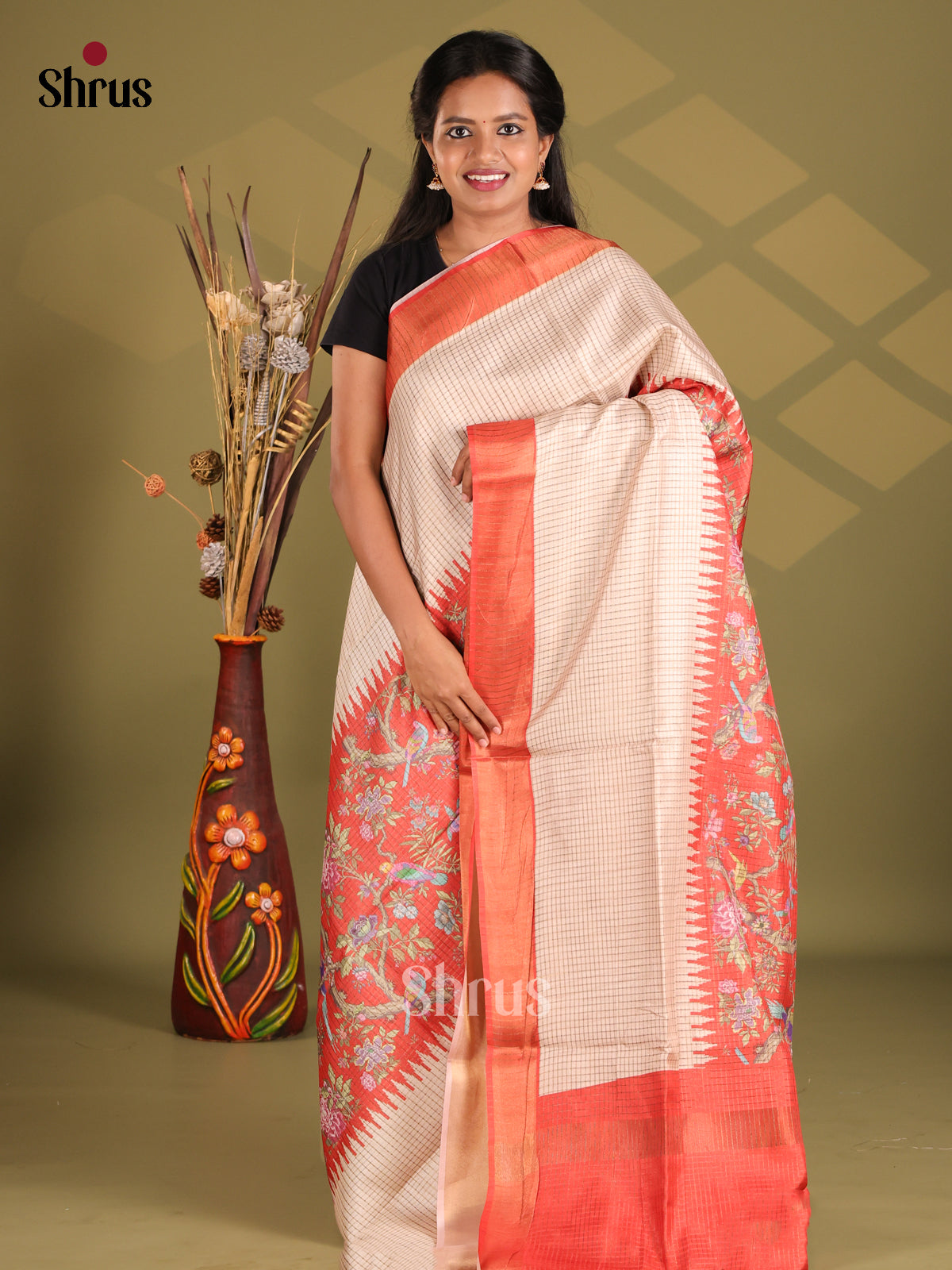 Cream & Orange- Champa semitussar Saree
