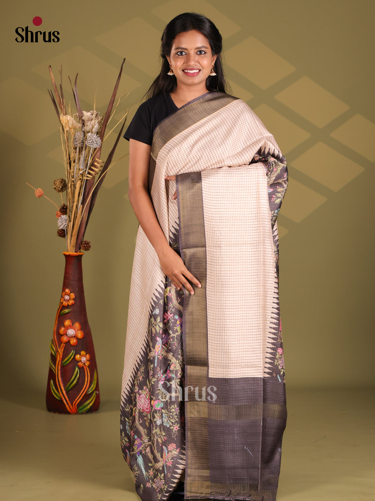 Cream & Black - Champa semitussar Saree