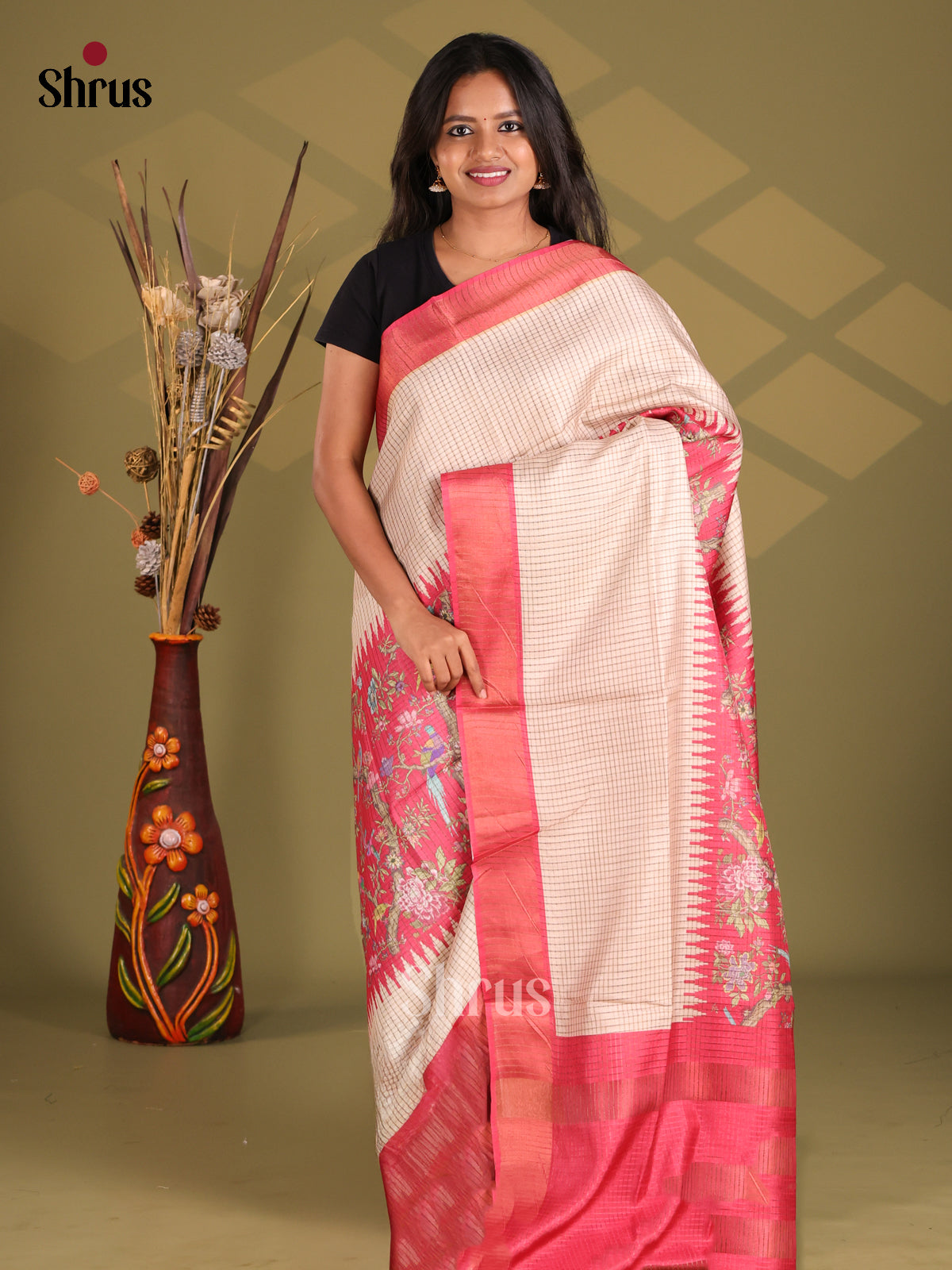 Cream & Pink - Champa semitussar Saree