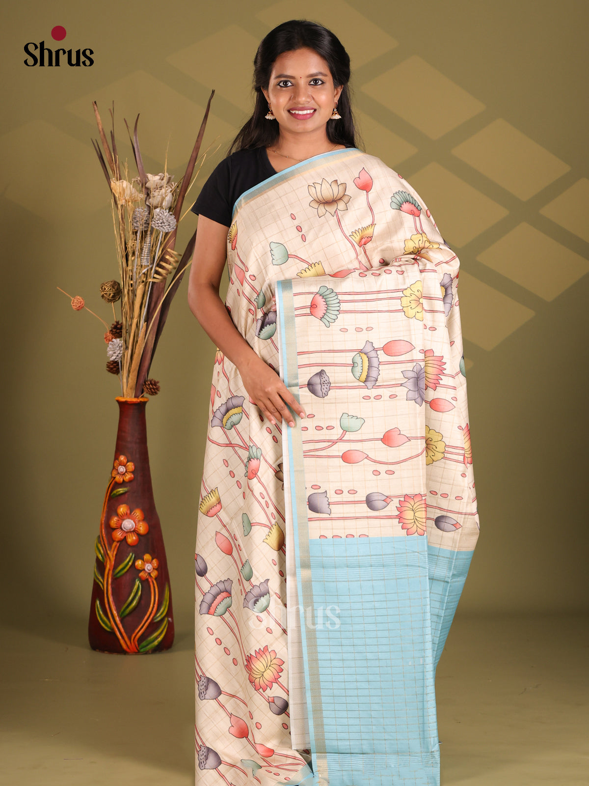 Cream & Blue - Champa semitussar Saree