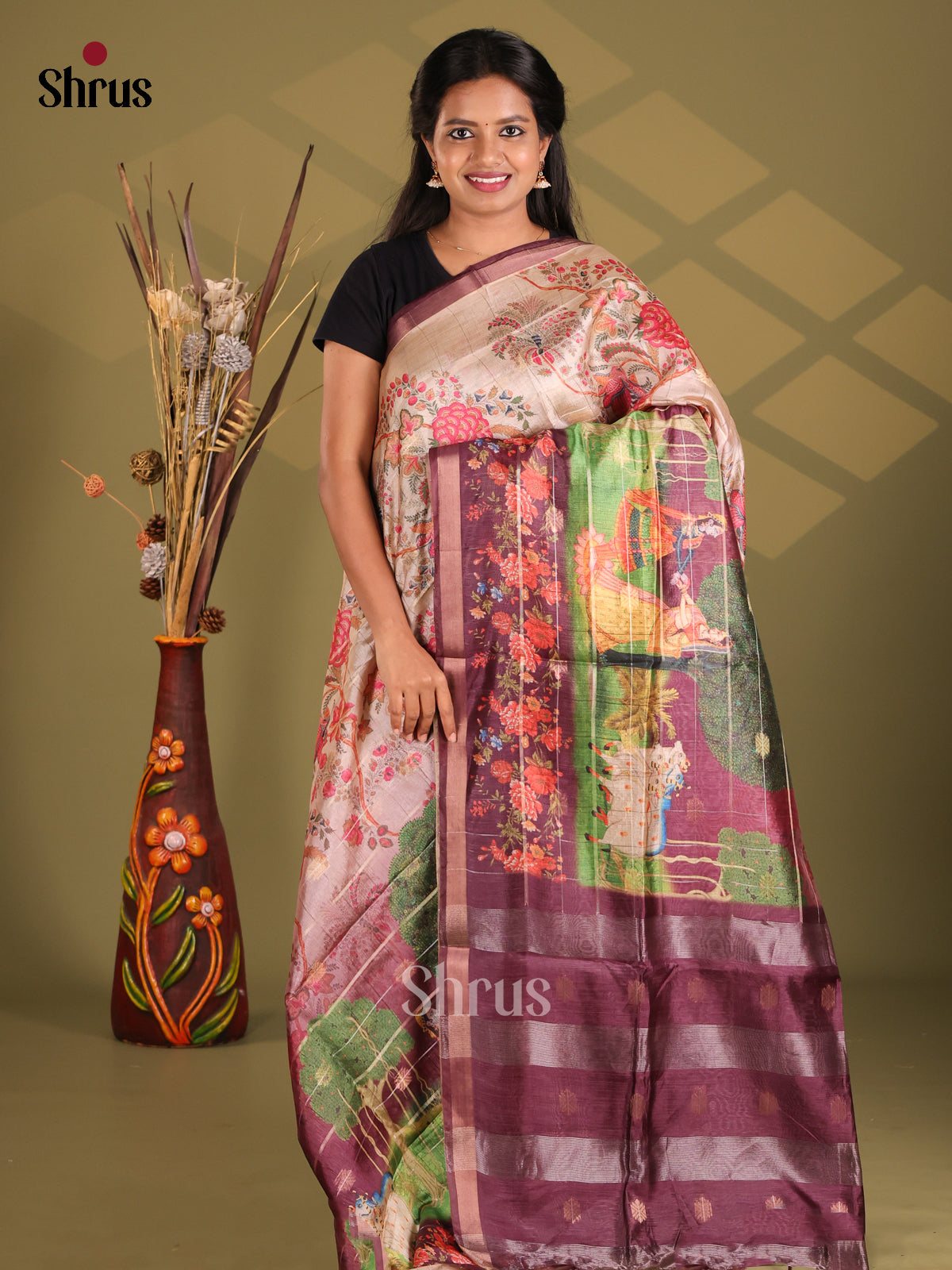 Cream & Purple - Champa semitussar Saree - Shop on Shrus.com