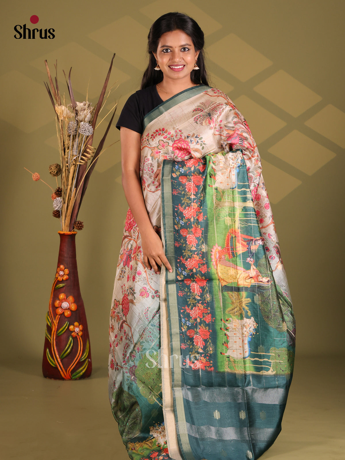 Cream & Green - Champa semitussar Saree