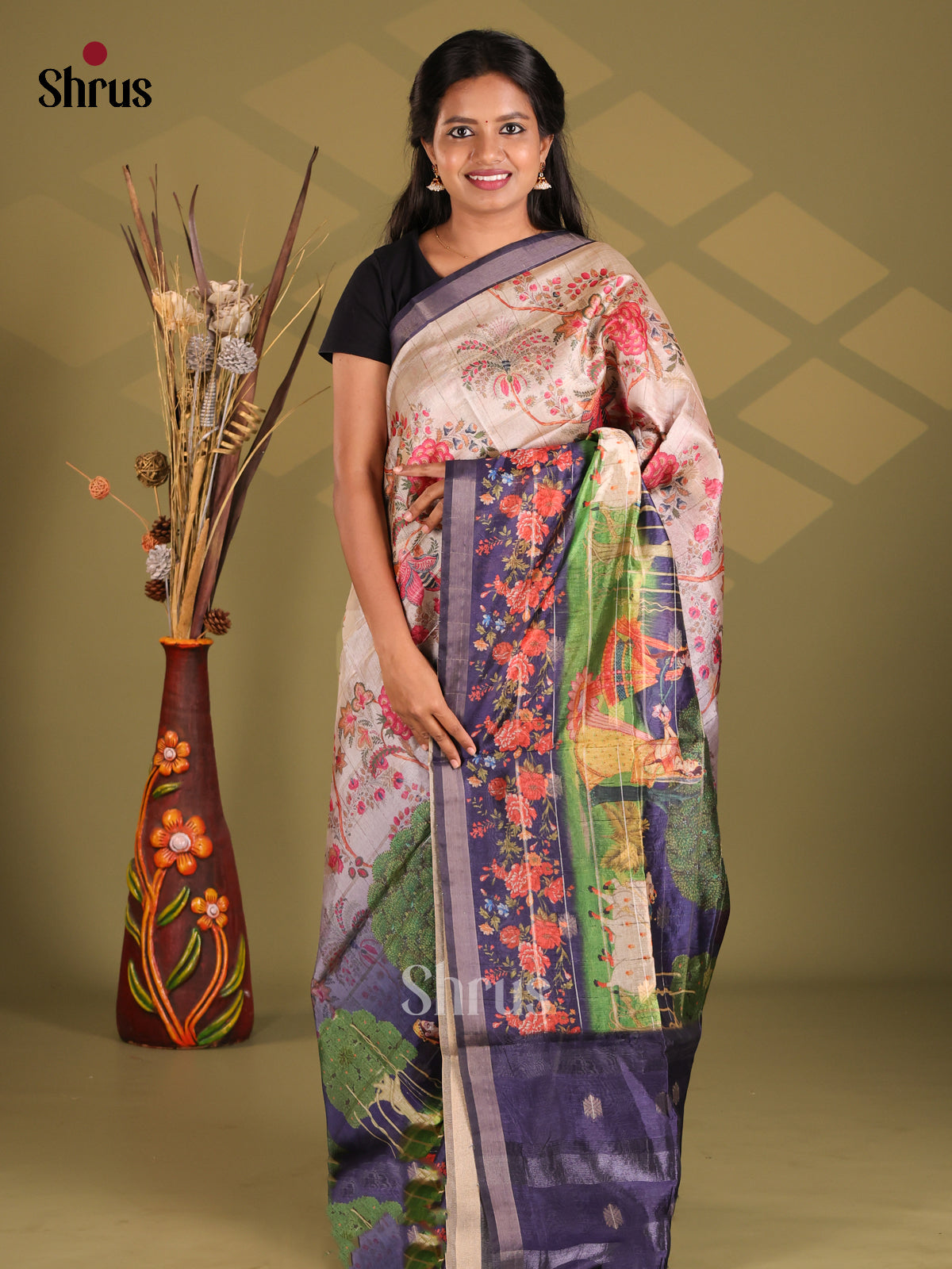 Cream & Blue - Champa semitussar Saree