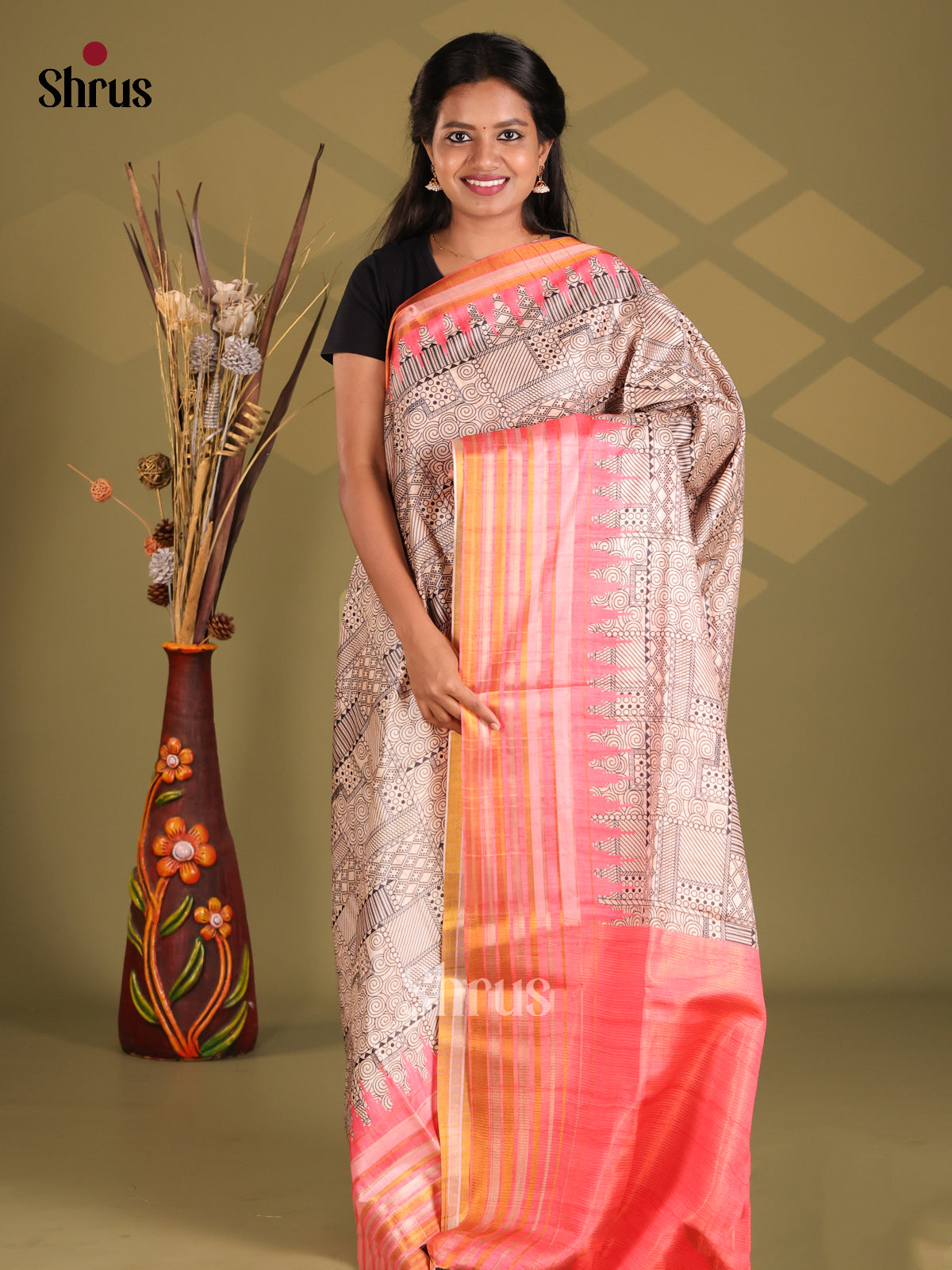 Cream , Black & Orangish Pink - Champa semitussar Saree - Shop on Shrus.com