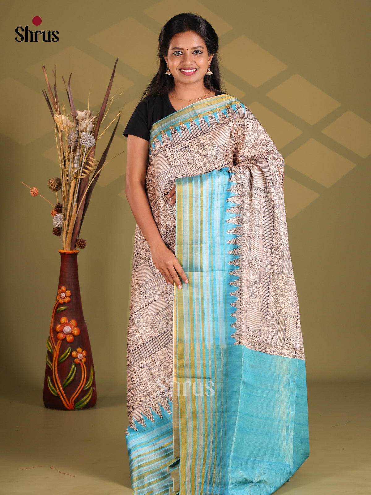 Cream , Black & Blue - Champa semitussar Saree - Shop on Shrus.com