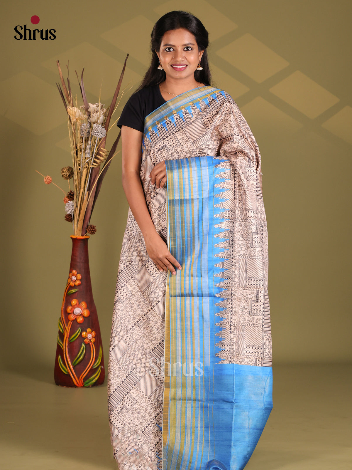 Cream, Black & Blue - Champa semitussar Saree