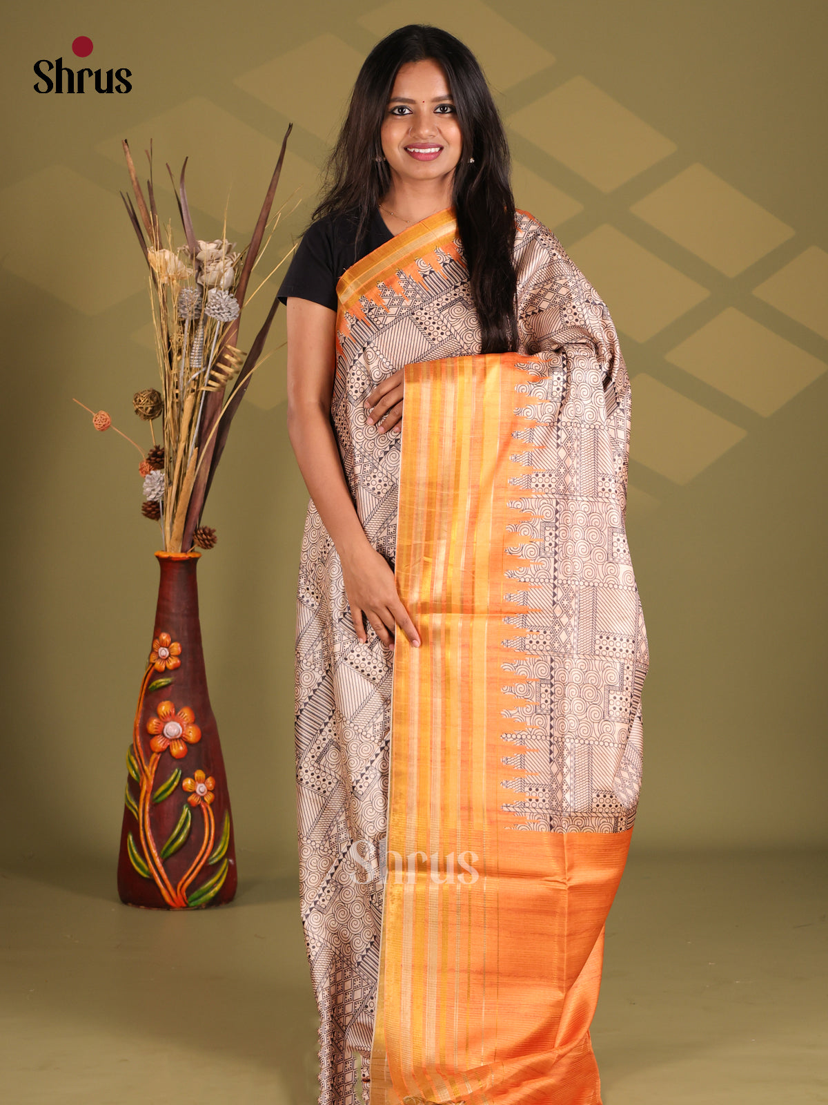 Cream , Black & Orange - Champa semitussar Saree - Shop on Shrus.com