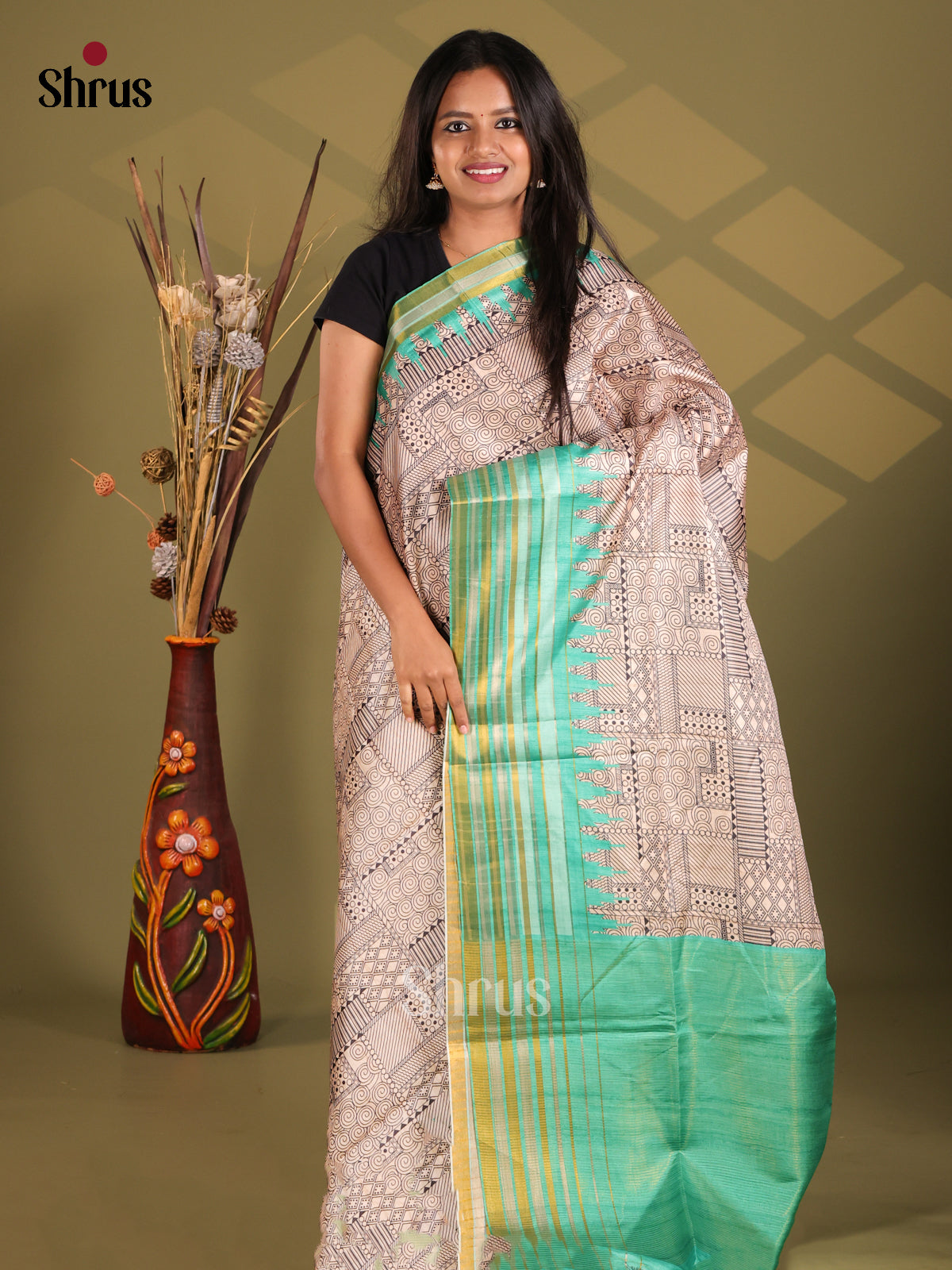Cream , Black & Green - Champa semitussar Saree - Shop on Shrus.com
