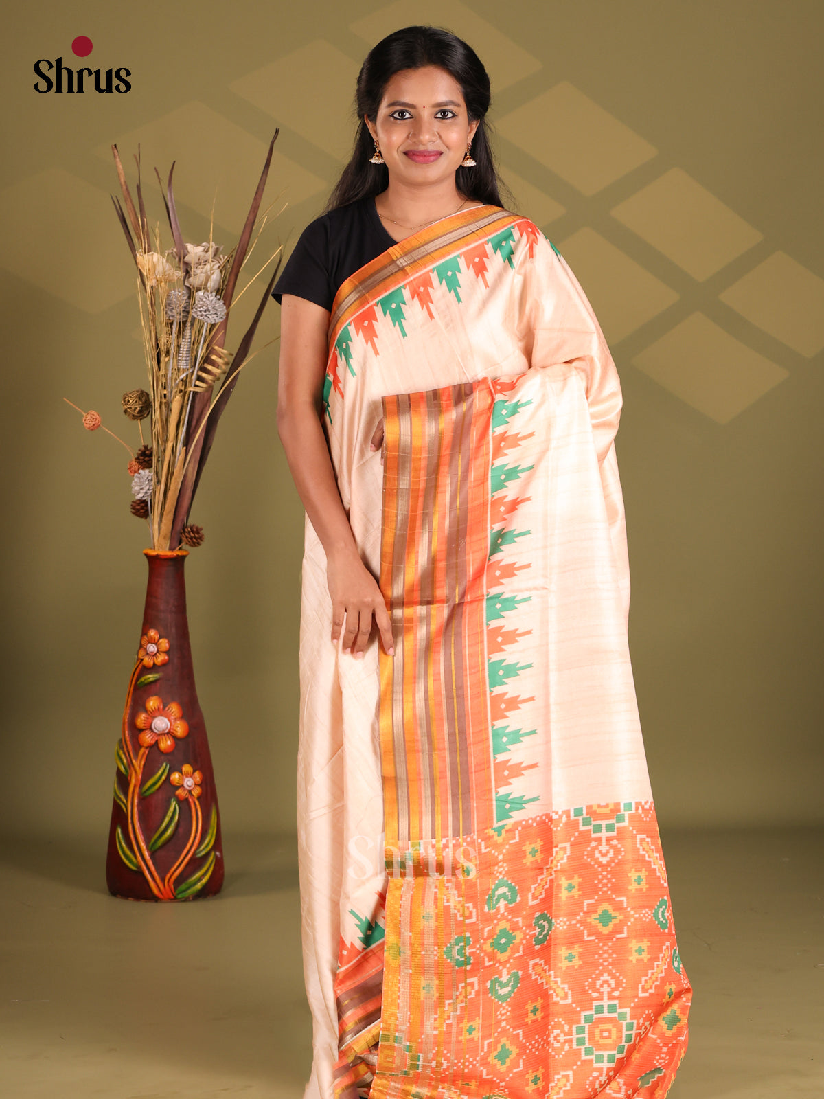 Cream & Brick - Champa semitussar Saree
