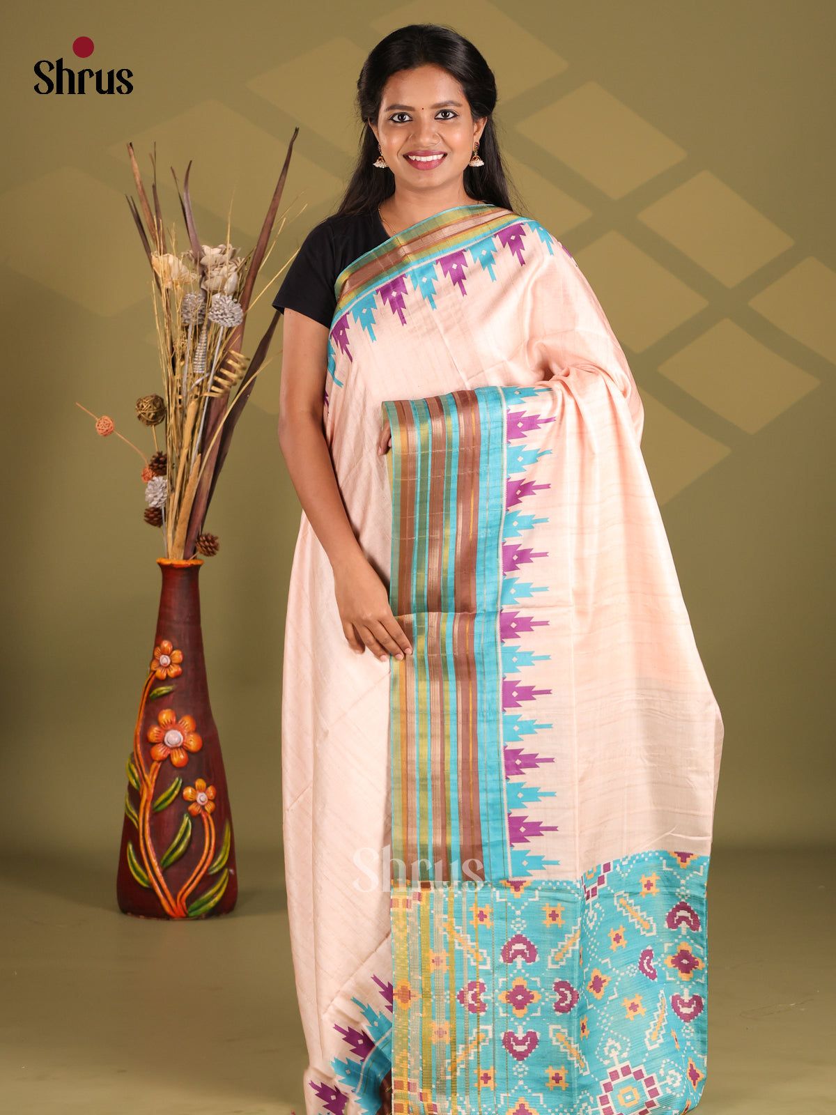Cream & Blue - Champa semitussar Saree