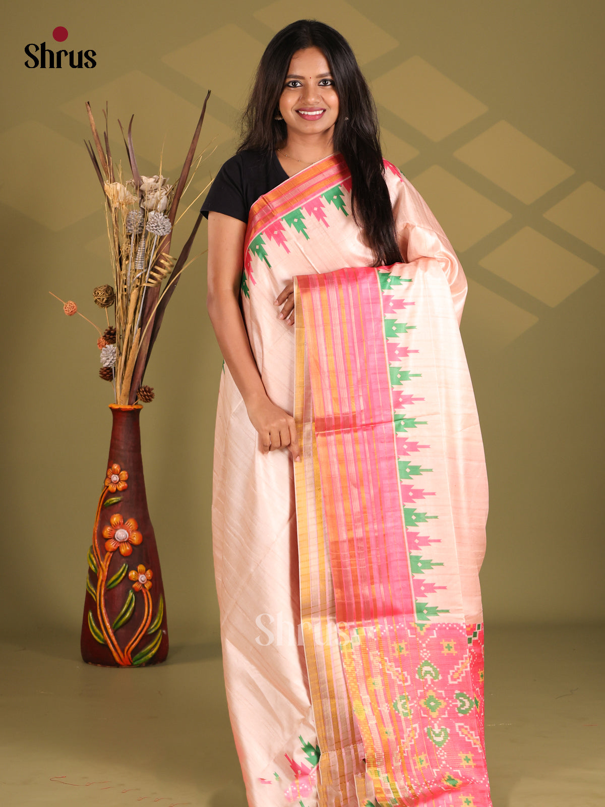 Cream & Orangish Pink - Champa semitussar Saree