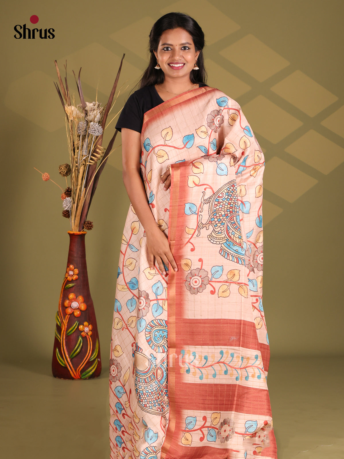 Dusty Pink & Brown - Champa semitussar Saree - Shop on Shrus.com