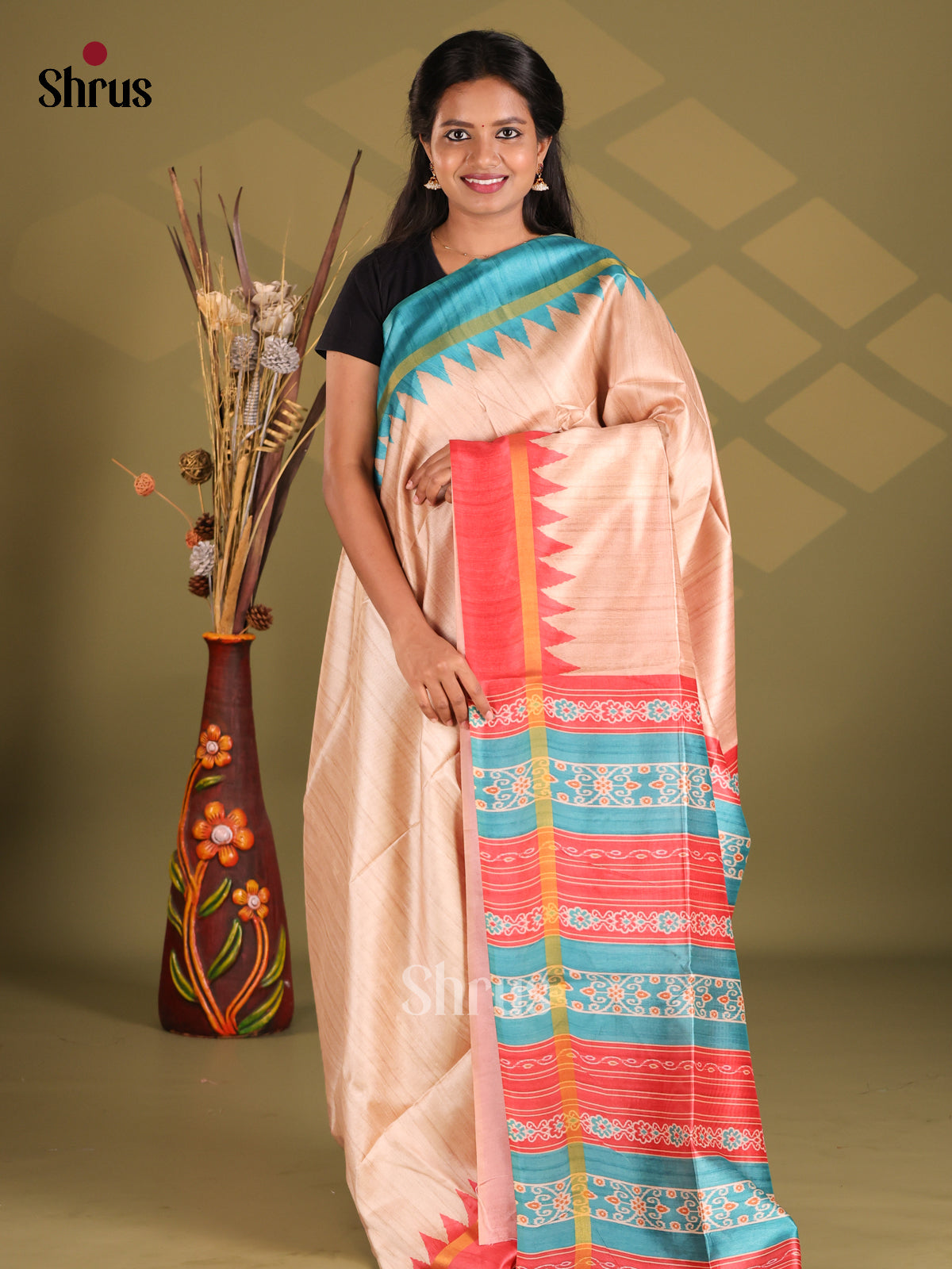 Cream  & Red - Champa semitussar Saree