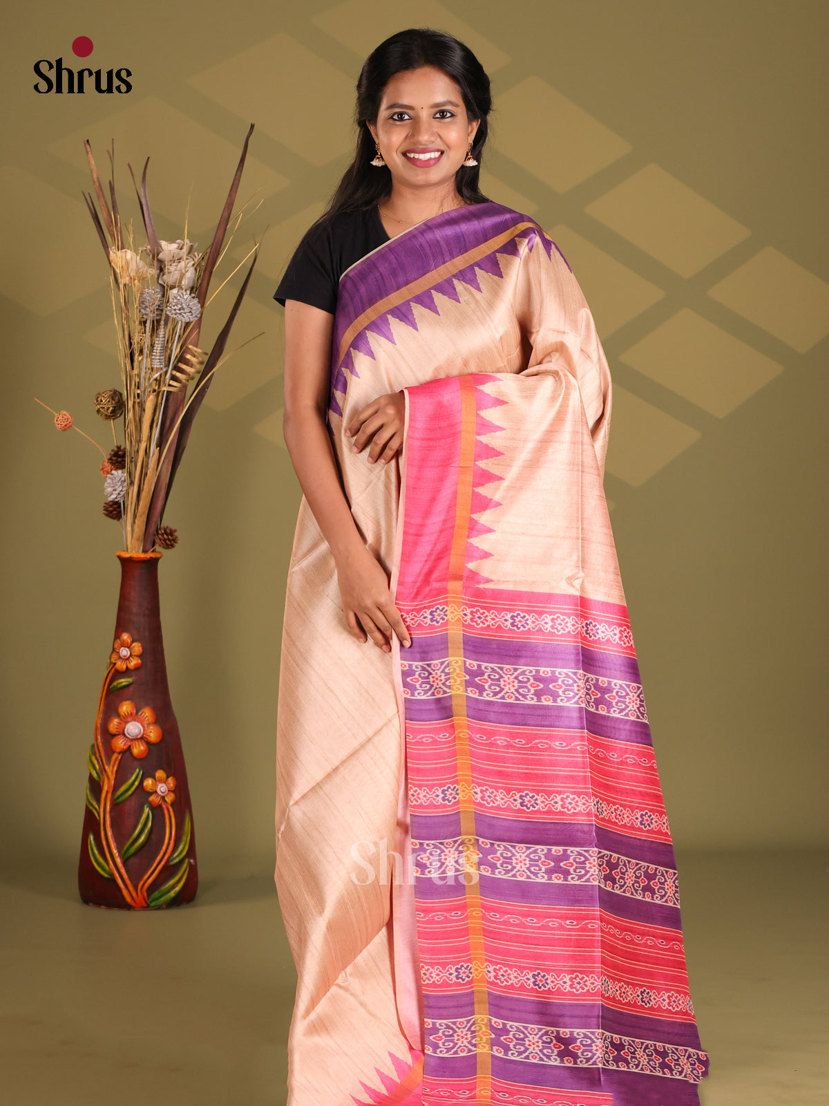 Cream & Violet - Champa semitussar Saree