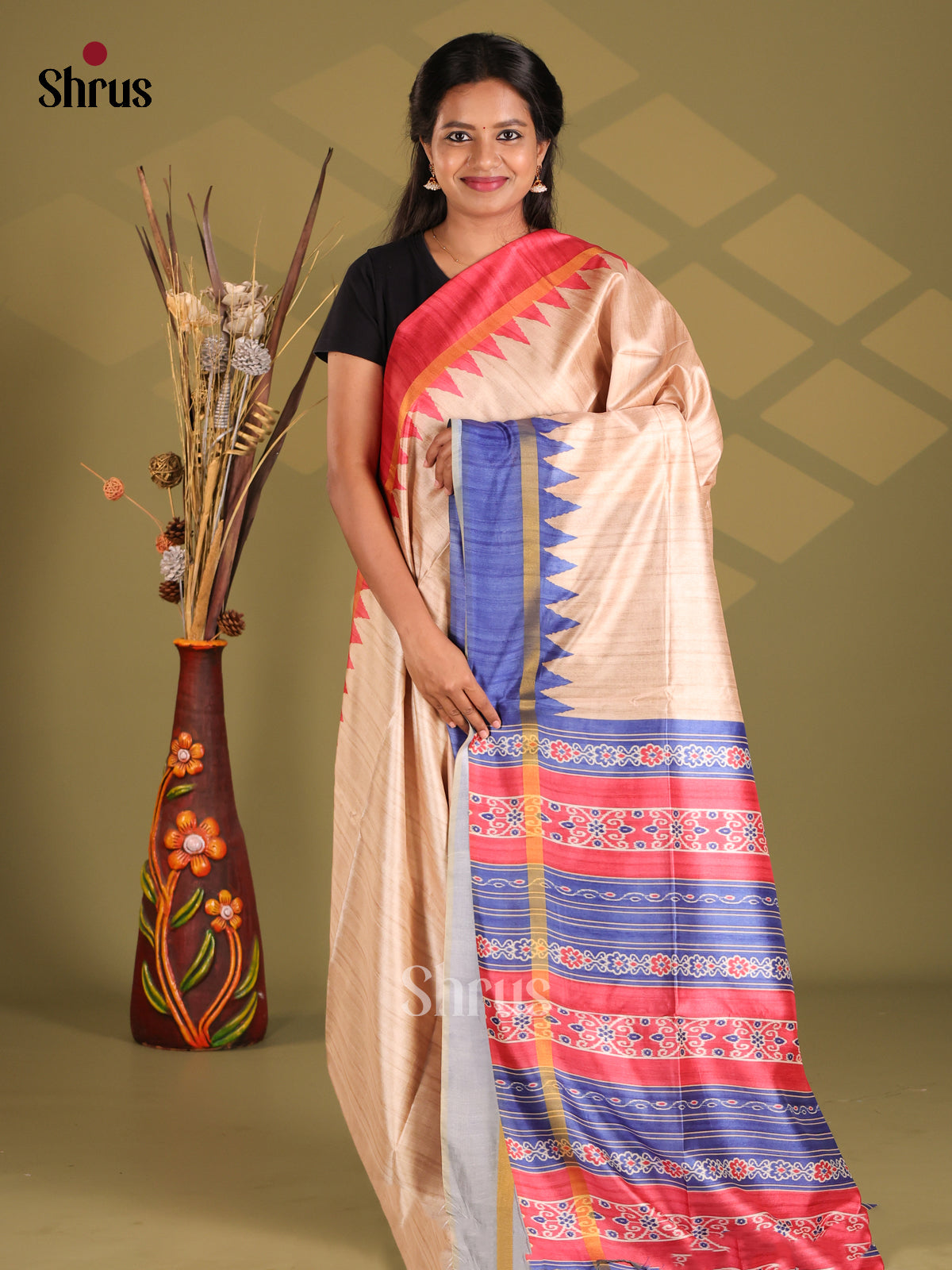 Cream & Blue - Champa semitussar Saree