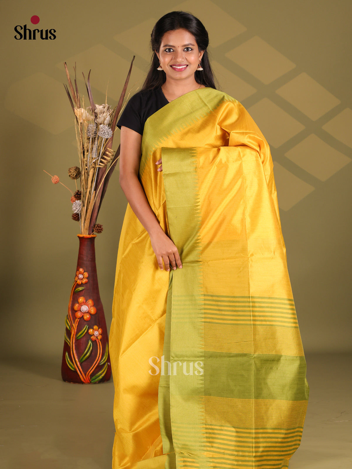 Yellow & Green- Champa semitussar Saree - Shop on Shrus.com