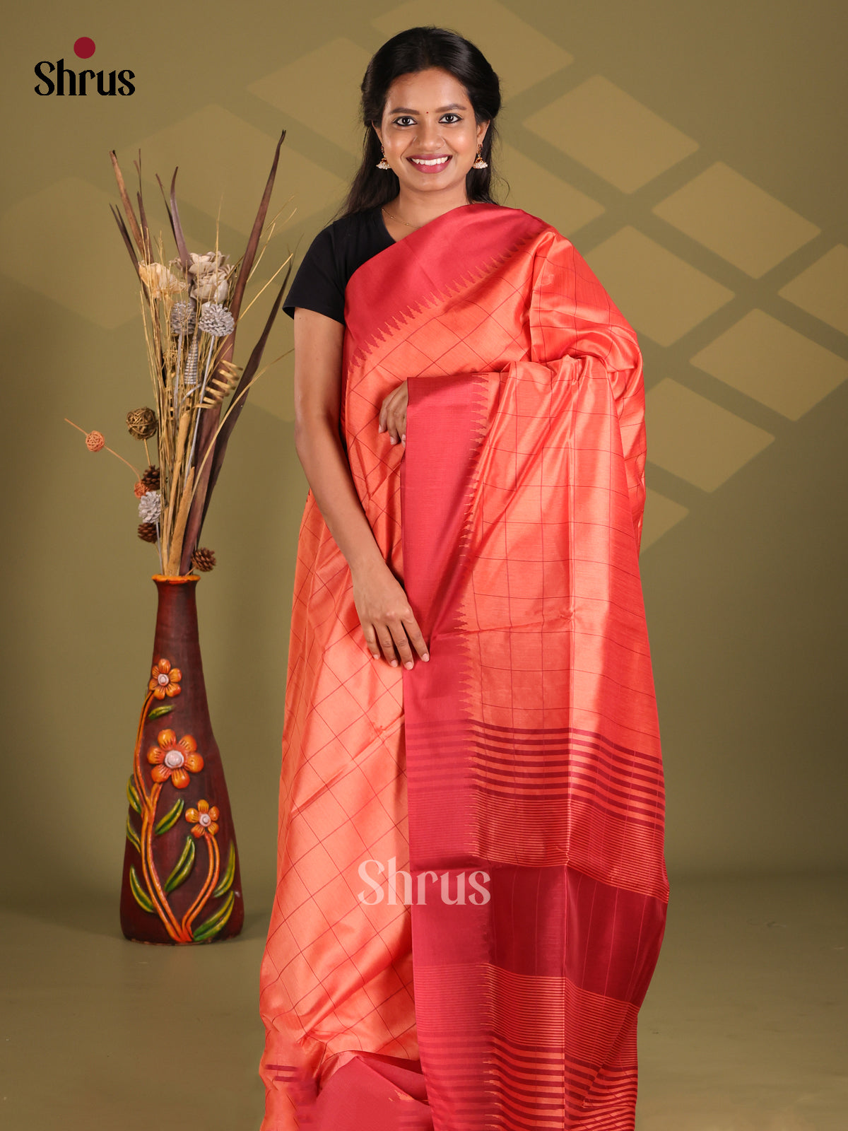 Peach  & Red- Champa semitussar Saree - Shop on Shrus.com