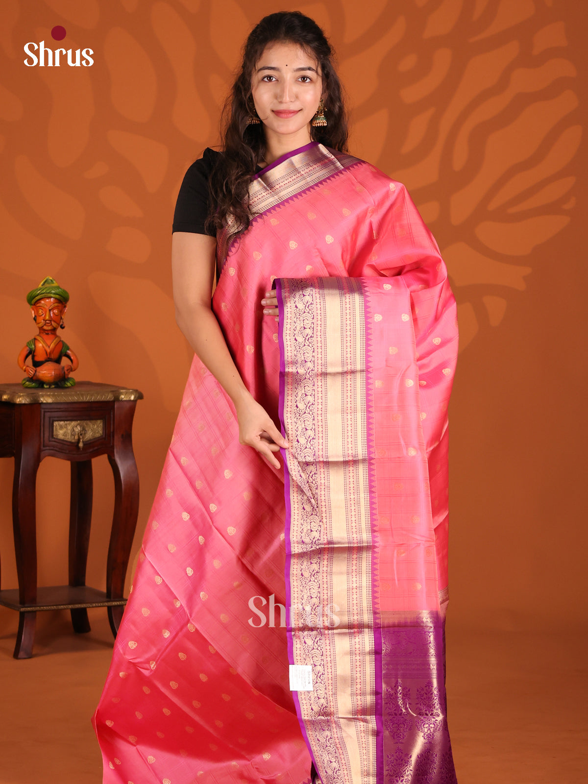 Pink & Vadamalli Kanchipuram silk Saree with gold zari floral vines border - Shop on Shrus.com