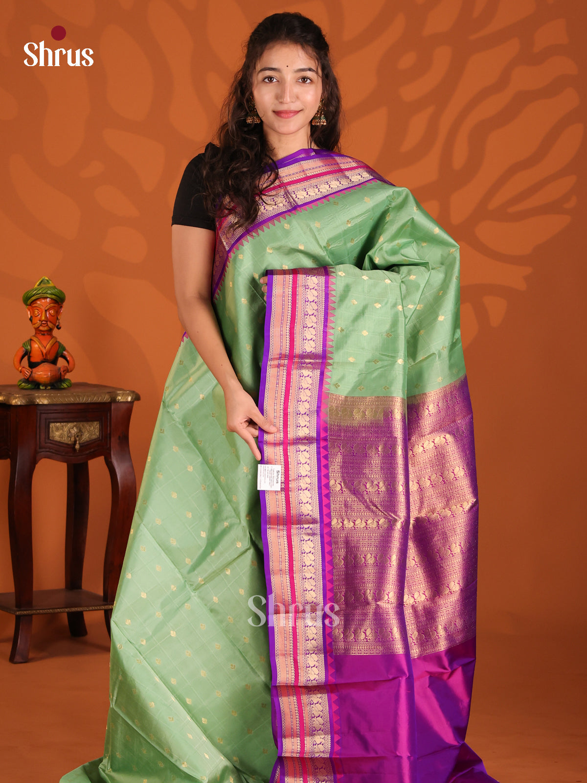 Pista Green & Purple Kanchipuram silk Saree with rich traditional zari border - Shop on Shrus.com