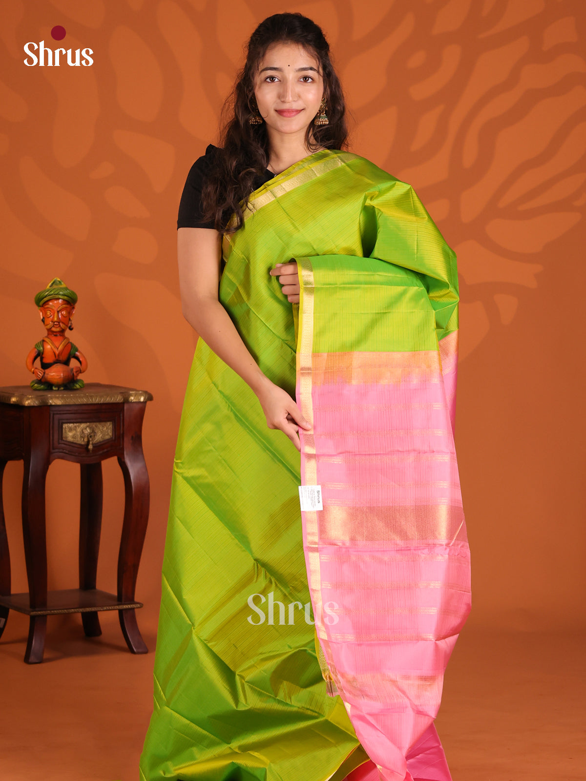 Parrot Green & Pink Kanchipuram silk Saree with zari striped pallu - Shop on Shrus.com