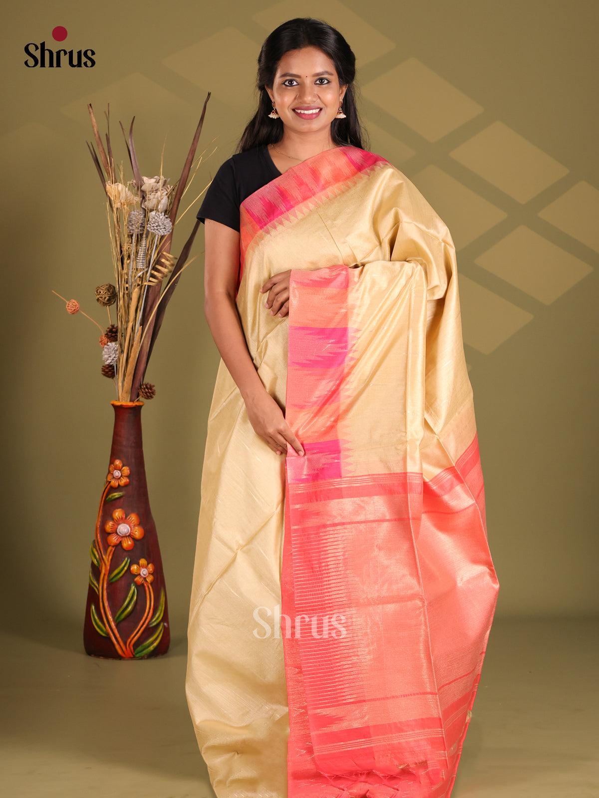 Cream & Orangish Pink - Semi Rawsilk Saree