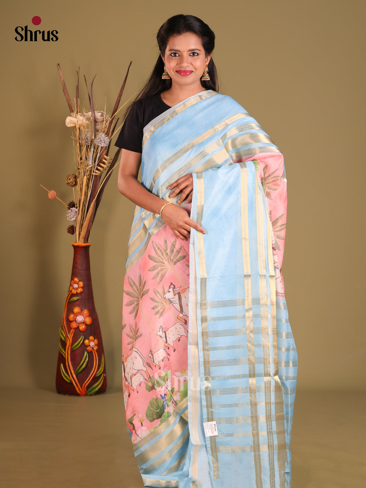 Pink & Blue - Semi Organza Saree - Shop on Shrus.com