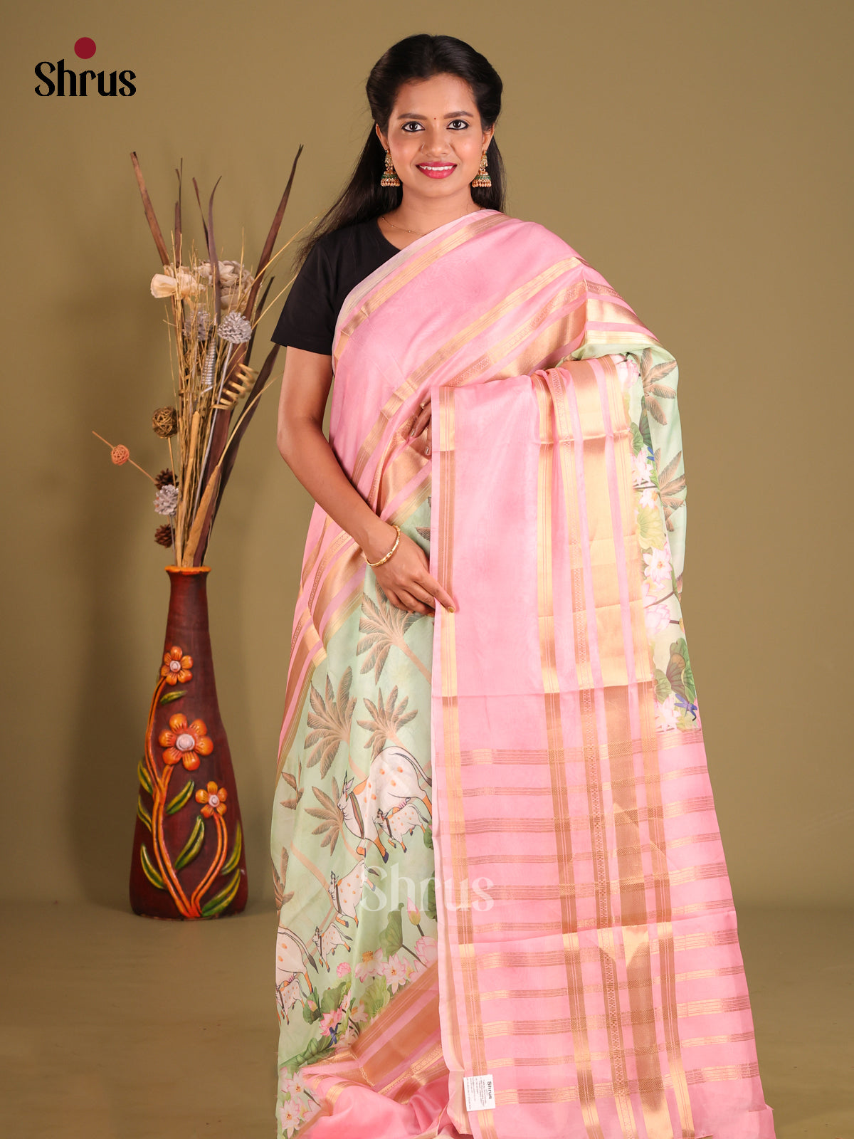 Pista Green & Pink - Semi Organza Saree