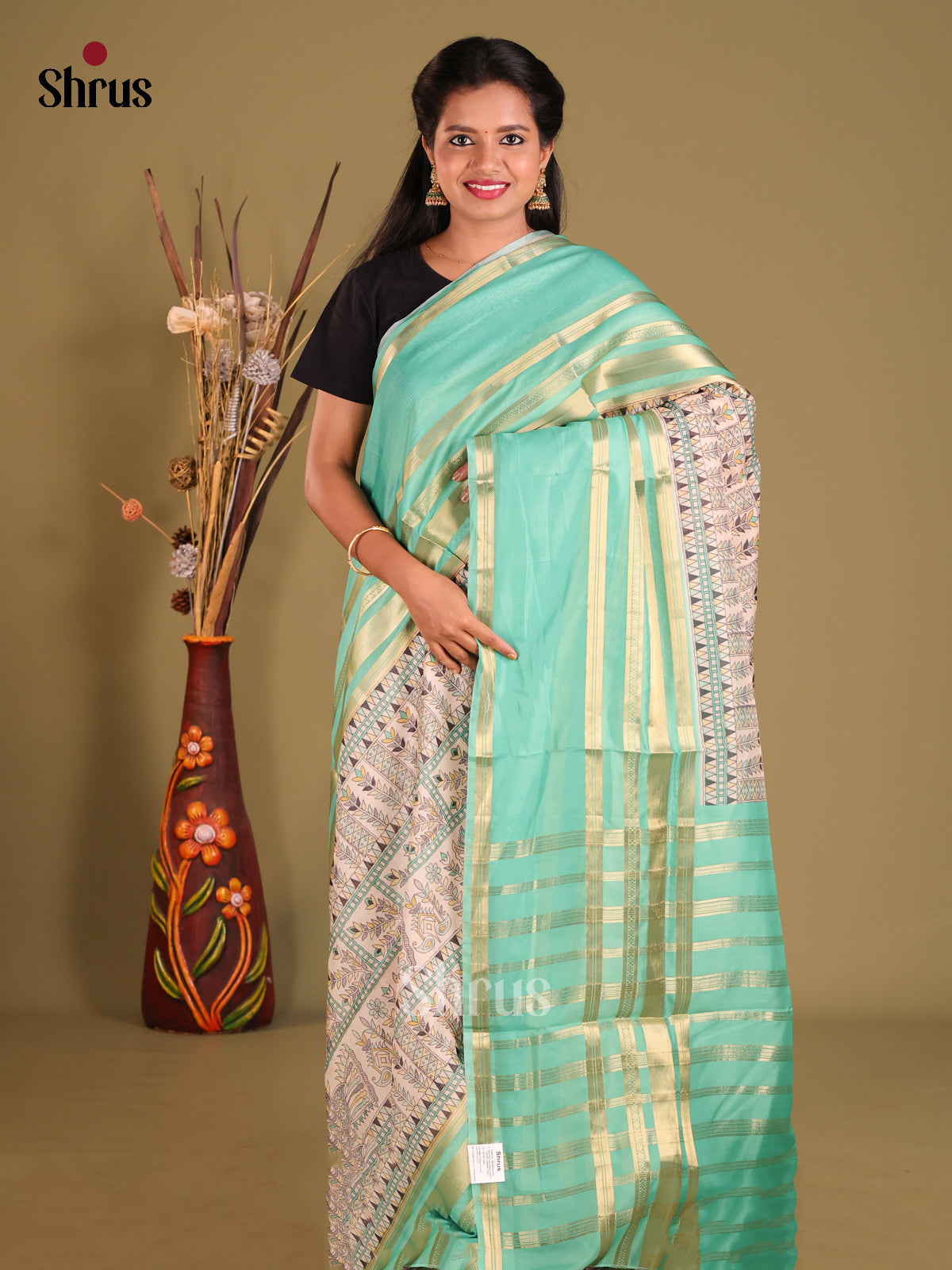 Cream & Pastel Green- Semi Organza Saree
