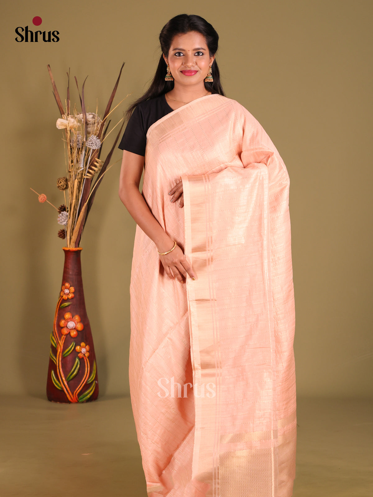 Peachish Pink - Semi Rawsilk Saree - Shop on Shrus.com